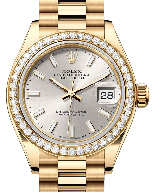 Rolex Lady Datejust 28 Yellow Gold Silver Index Dial & Diamond Bezel President Bracelet 279138RBR