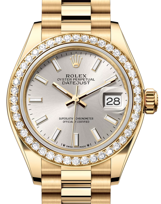 Rolex Lady Datejust 28 Yellow Gold Silver Index Dial & Diamond Bezel President Bracelet 279138RBR