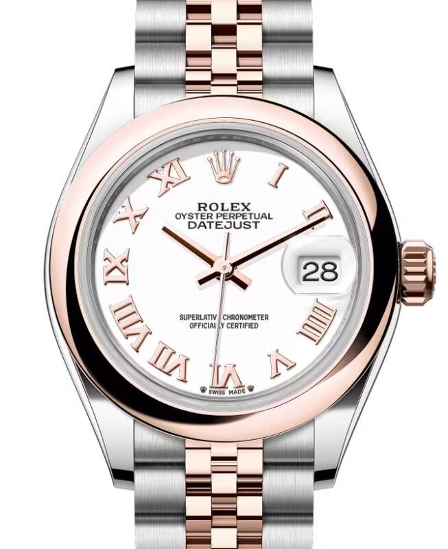 Rolex Lady Datejust 28 Rose Gold/Steel White Roman Dial & Smooth Domed Bezel Jubilee Bracelet 279161