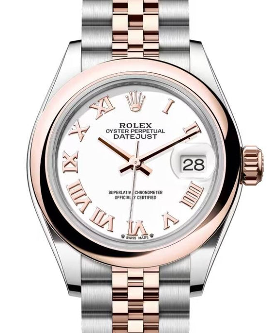 Rolex Lady Datejust 28 Rose Gold/Steel White Roman Dial & Smooth Domed Bezel Jubilee Bracelet 279161