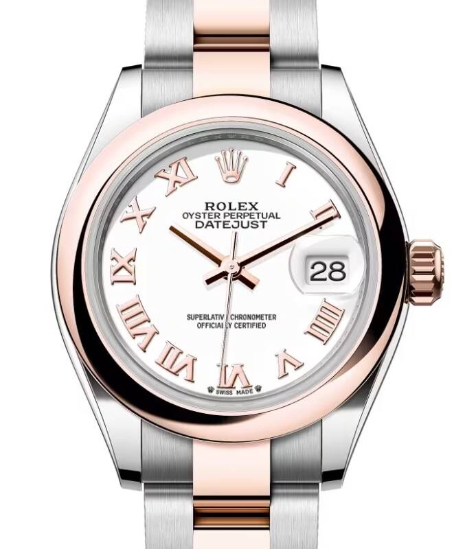 Rolex Lady Datejust 28 Rose Gold/Steel White Roman Dial & Smooth Domed Bezel Oyster Bracelet 279161