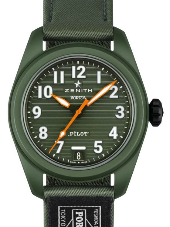 Zenith Pilot Automatic Porter Ceramic 40mm Green Dial Fabric Strap 49.4001.3620/63.I001