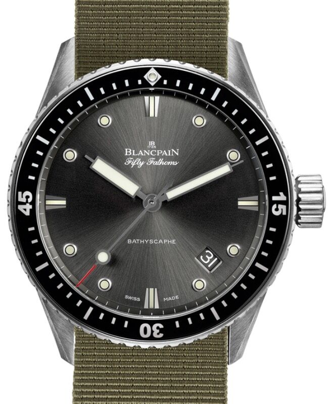 Blancpain Fifty Fathoms Bathyscaphe Steel 43mm Black Dial NATO Strap 5000 1110 NAKA