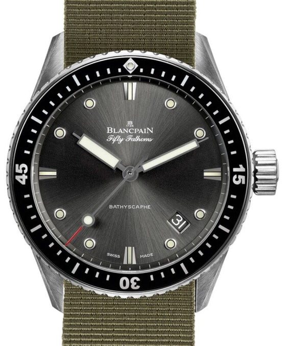 Blancpain Fifty Fathoms Bathyscaphe Steel 43mm Black Dial NATO Strap 5000 1110 NAKA
