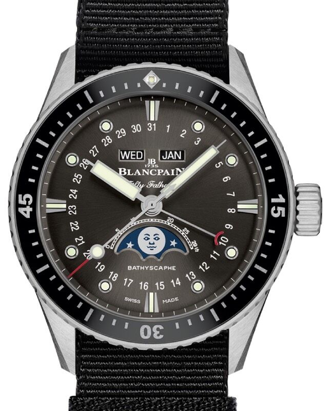 Blancpain Fifty Fathoms Bathyscaphe Quanti?me Complet Phases de Lune Steel 43mm Black Dial NATO Strap 5054 1110 NABA