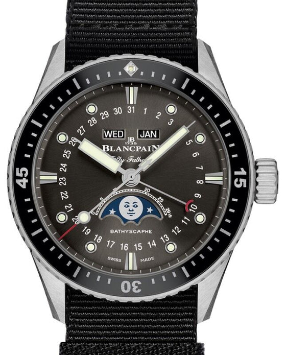 Blancpain Fifty Fathoms Bathyscaphe Quantième Complet Phases de Lune Steel 43mm Black Dial NATO Strap 5054 1110 NABA