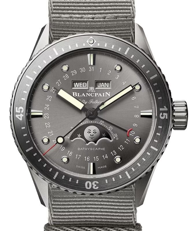 Blancpain Fifty Fathoms Bathyscaphe Quantieme Complet Phases De Lune Titanium 43mm NATO Strap 5054 1210 NAGA