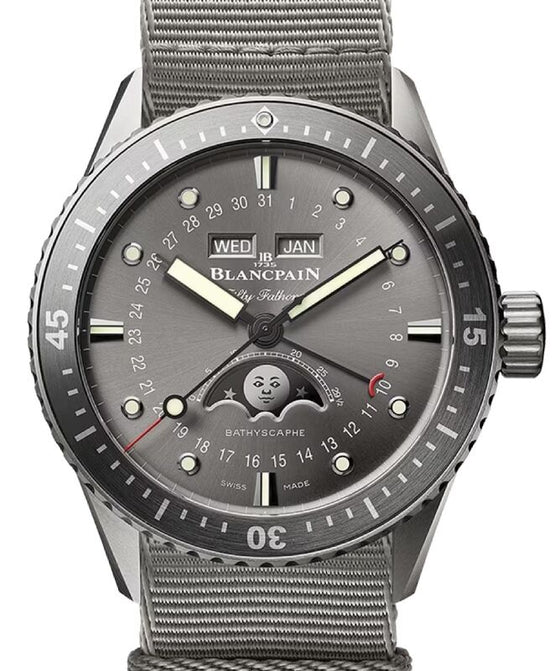Blancpain Fifty Fathoms Bathyscaphe Quantieme Complet Phases De Lune Titanium 43mm NATO Strap 5054 1210 NAGA