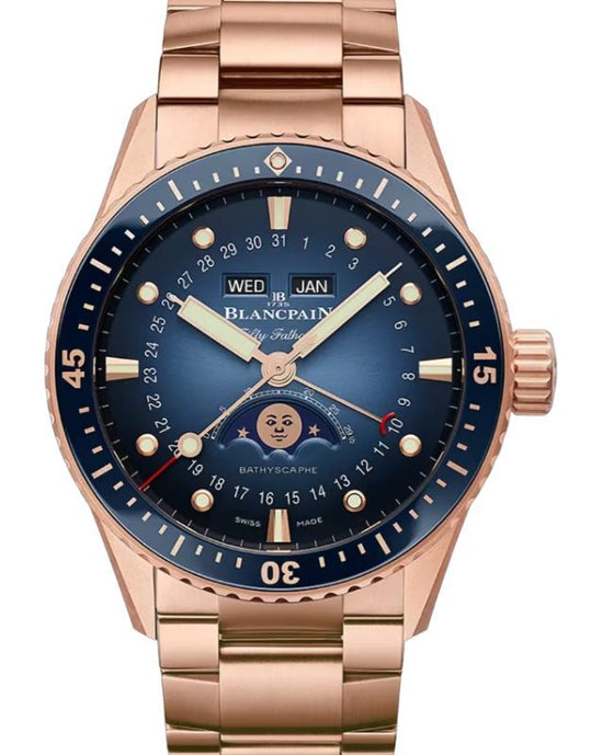 Blancpain Fifty Fathoms Bathyscaphe Quantième Complet Phases de Lune Red Gold 43mm Sunburst Blue Dial 5054 3640 76S