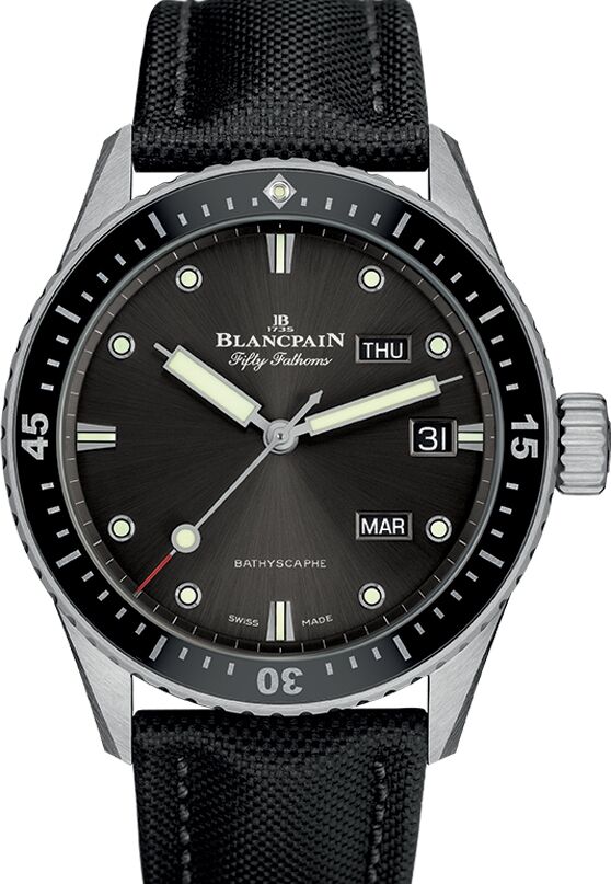 Blancpain Fifty Fathoms Bathyscaphe Quanti?me Annuel Steel Grey Meteor Dial Canvas Strap 5071 1110 B52A