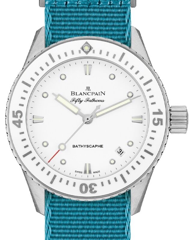 Blancpain Fifty Fathoms Bathyscaphe Ladies Watch Steel 38mm White Dial NATO Strap 5100 1127 NATA