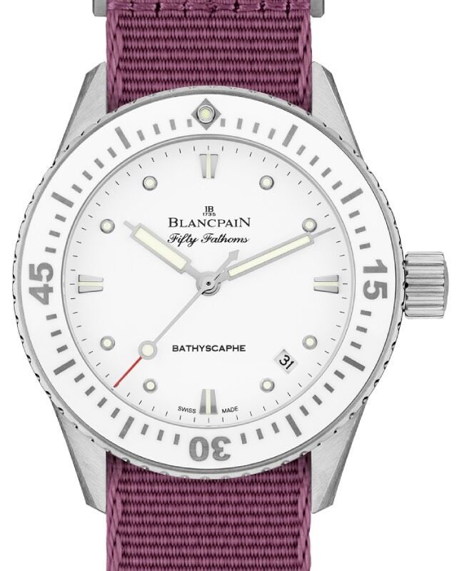Blancpain Fifty Fathoms Bathyscaphe Ladies Watch Steel 38mm White Dial NATO Strap 5100 1127 NAVA