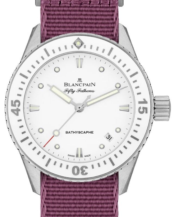 Blancpain Fifty Fathoms Bathyscaphe Ladies Watch Steel 38mm White Dial NATO Strap 5100 1127 NAVA