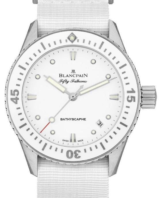 Blancpain Fifty Fathoms Bathyscaphe Ladies Watch Steel 38mm White Dial NATO Strap 5100 1127 NAWA