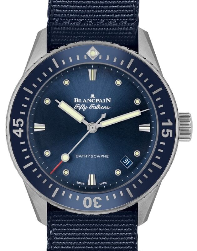Blancpain Fifty Fathoms Bathyscaphe Steel 38mm Blue Dial NATO Strap 5100 1140 NAOA