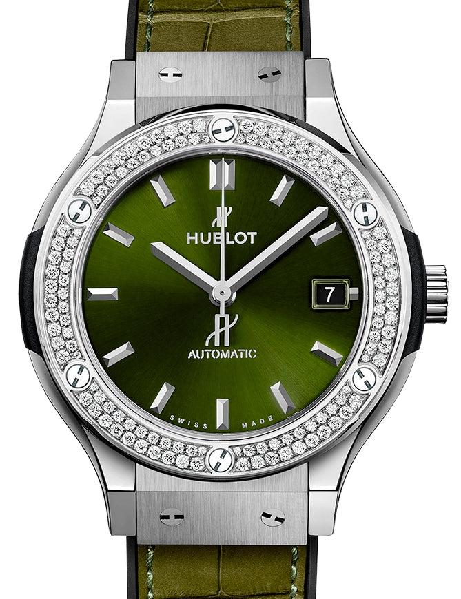 Hublot Classic Fusion Green Dial Diamond Bezel Leather Strap 45mm 511.NX.8970.LR