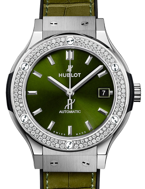 Hublot Classic Fusion Green Dial Diamond Bezel Leather Strap 45mm 511.NX.8970.LR