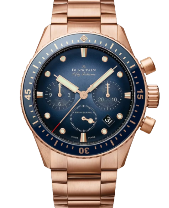 Blancpain Fifty Fathoms Bathyscaphe Chronographe Flyback Red Gold 43mm Sunburst Blue Dial 5200 3640 76S