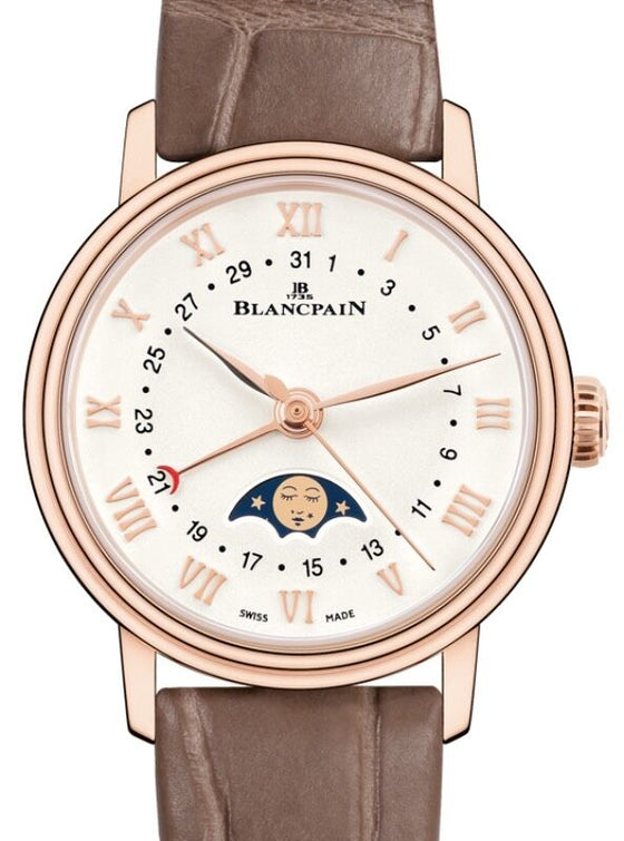 Blancpain Villeret Quantième Phases De Lune Red Gold 29.2mm White Dial Alligator Leather Strap 6106 3642 55A