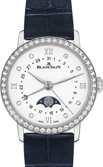 Blancpain Villeret Quantième Phases de Lune Steel White Diamond Dial & Bezel Alligator Leather Strap 6106 4628 55A