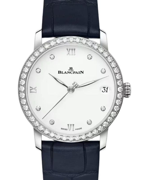 Blancpain Villeret Women Date Steel 33.2mm White Set with Diamonds Dial Alligator Leather Strap 6127 4628 55B