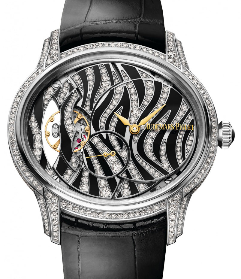 Audemars Piguet 77249BC.ZZ.A102CR.01 Millenary Hand-Wound 39.5mm Diamond Paved 'Zebra' Pattern White Gold Leather