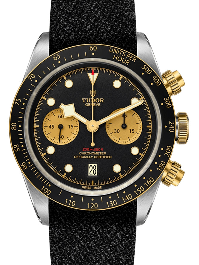 Tudor Black Bay Chronograph Black Dial & Bezel Two-Tone Yellow Gold & Stainless Steel Leather Strap 41mm 79363