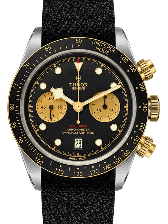 Tudor Black Bay Chronograph Black Dial & Bezel Two-Tone Yellow Gold & Stainless Steel Leather Strap 41mm 79363