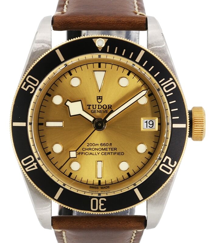 Tudor Heritage Black Bay Champagne Dial Black Bezel Two-Tone Yellow Gold & Stainless Steel Leather Strap 41mm 79733N
