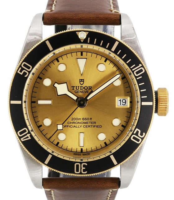 Tudor Heritage Black Bay Champagne Dial Black Bezel Two-Tone Yellow Gold & Stainless Steel Leather Strap 41mm 79733N