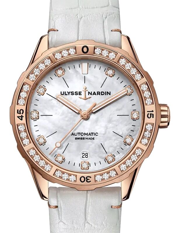 Ulysse Nardin Diver 39mm Rose Gold White Mother of Pearl Diamond Dial & Bezel 8162-182B/10