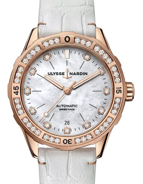 Ulysse Nardin Diver 39mm Rose Gold White Mother of Pearl Diamond Dial & Bezel 8162-182B/10
