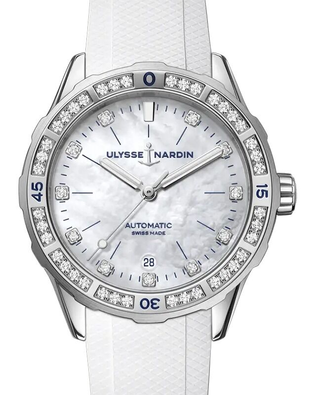Ulysse Nardin Diver 39mm Steel White Mother of Pearl Diamond Dial & Bezel 8163-182B-3/10