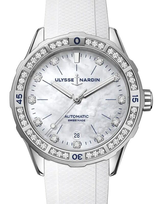 Ulysse Nardin Diver 39mm Steel White Mother of Pearl Diamond Dial & Bezel 8163-182B-3/10