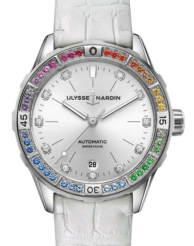 Ulysse Nardin Diver Rainbow 39mm Steel SIlver Diamond Dial Gem Set Bezel 8163-182B1LE-1A-RAIN/1A