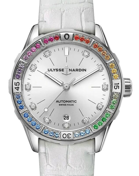 Ulysse Nardin Diver Rainbow 39mm Steel SIlver Diamond Dial Gem Set Bezel 8163-182B1LE-1A-RAIN/1A