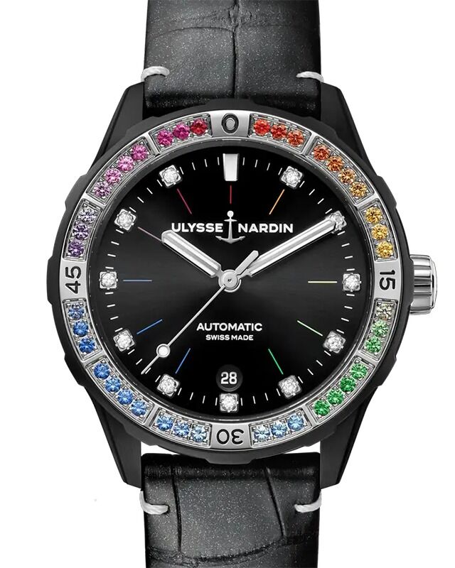 Ulysse Nardin Diver Rainbow 39mm Steel Black Diamond Dial Gem Set Bezel 8163-182B1LE-2A-RAIN/1A