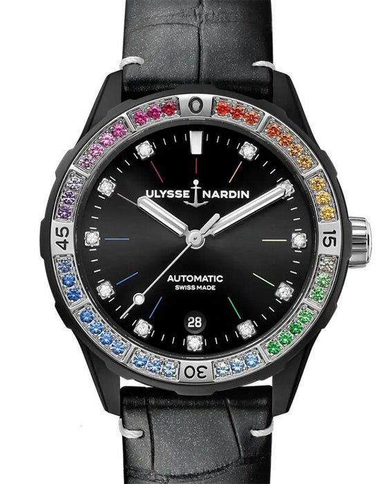 Ulysse Nardin Diver Rainbow 39mm Steel Black Diamond Dial Gem Set Bezel 8163-182B1LE-2A-RAIN/1A