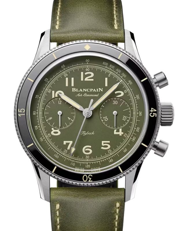 Blancpain Air Command Flyback Chronograph Titanium 42.5mm Green Dial Leather Strap AC02 12B53 63B