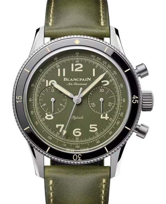 Blancpain Air Command Flyback Chronograph Titanium 42.5mm Green Dial Leather Strap AC02 12B53 63B