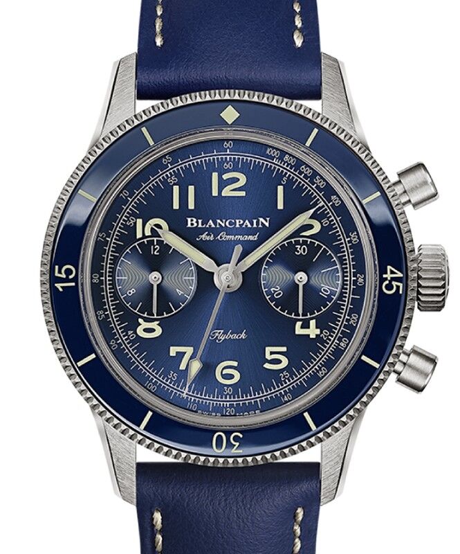 Blancpain Air Command Flyback Chronograph Titanium 36.2mm Blue Dial Leather Strap AC03 12B40 63B
