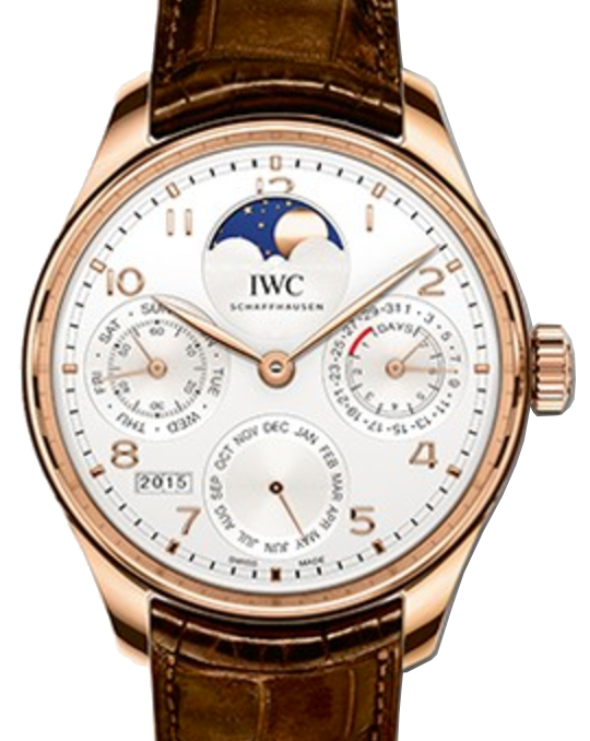 IWC Schaffhausen IW503302 Portugieser Perpetual Calendar Silver Plated Arabic Red Gold Brown Leather 44.2mm Automatic