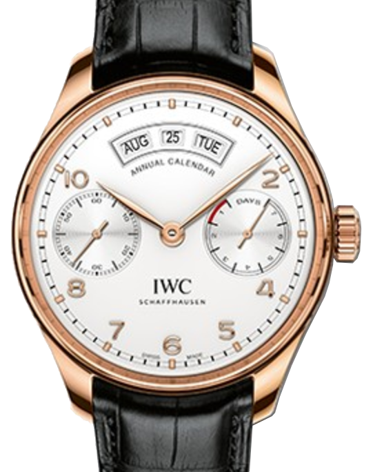 IWC Schaffhausen IW503504 Portugieser Annual Calendar Silver Plated Arabic Red Gold Black Leather 44.2mm Automatic
