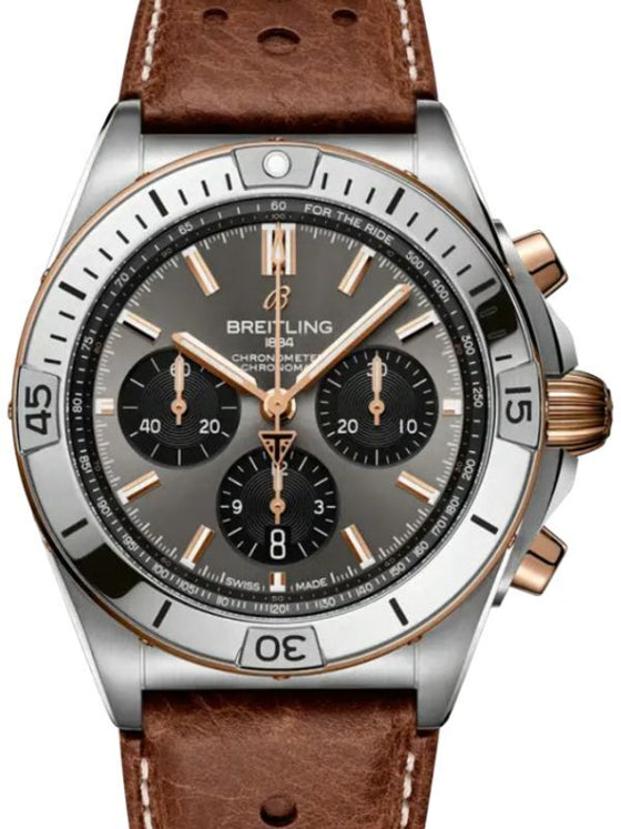 Breitling Chronomat B01 42 Triumph Titanium/Red Gold Grey Dial Leather Strap TB0134101M1X1