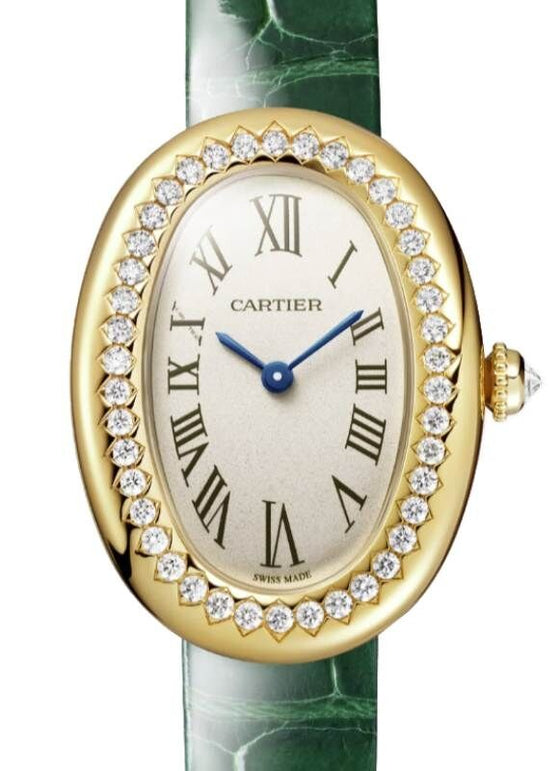 Cartier Baignoire Small Quartz Yellow Gold/Diamonds Silver Dial Leather Strap WJBA0054 (WJBA0038)