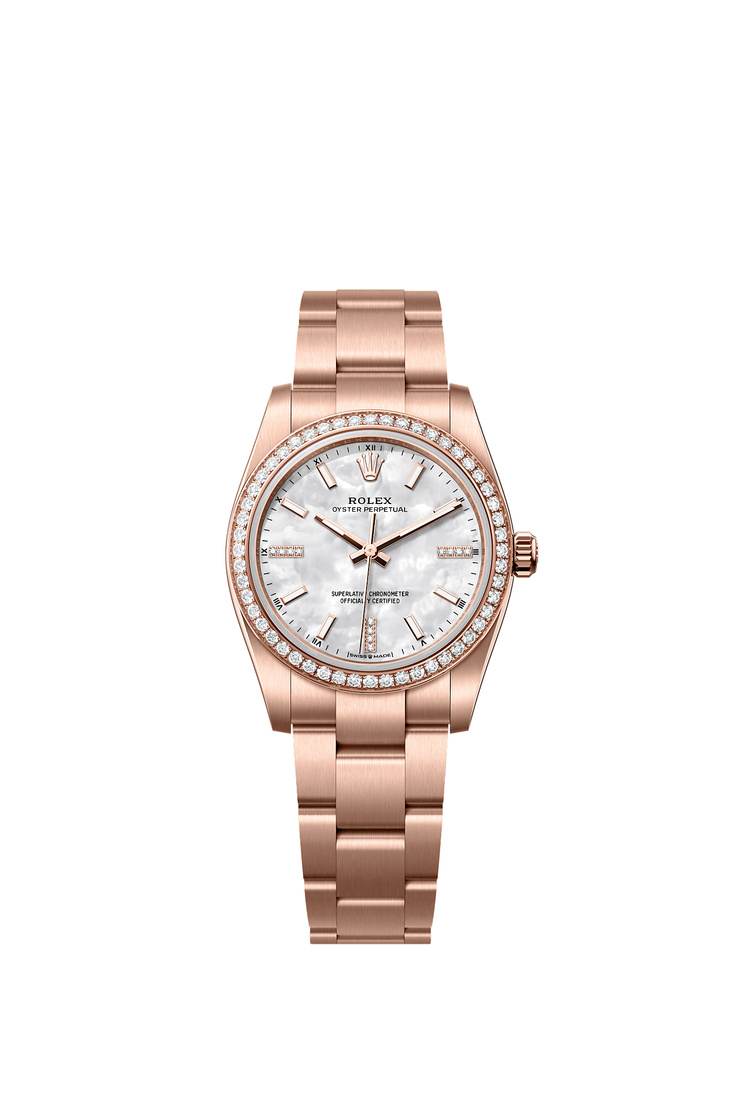 Rolex Oyster Perpetual 34 Rose Gold White Mother of Pearl Diamond Dial & Bezel 124245RBR - BRAND NEW