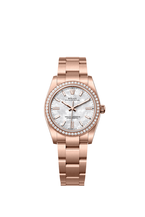 Rolex Oyster Perpetual 34 Rose Gold White Mother of Pearl Diamond Dial & Bezel 124245RBR - BRAND NEW