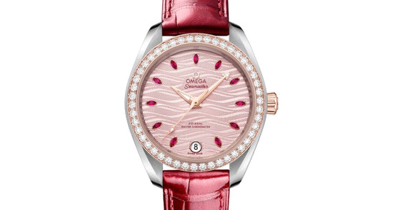 Omega Seamaster Aqua Terra 150M Co-Axial Master Chronometer 34mm Stainless Steel Sedna Gold Diamond Bezel Pink Ruby Hour Dial Alligator Leather Strap 220.28.34.20.60.001 - BRAND NEW