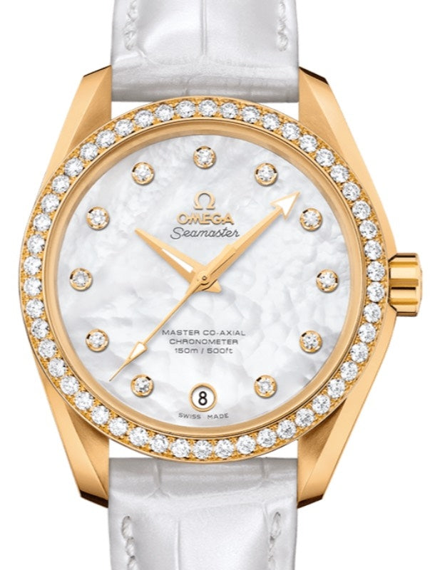 Omega Seamaster Aqua Terra 150M Master Co-Axial Chronometer Ladies 38.5mm Yellow Gold Diamond Bezel White Mother of Pearl Dial Diamond Set Index Alligator Leather Strap 231.58.39.21.55.002 - BRAND NEW