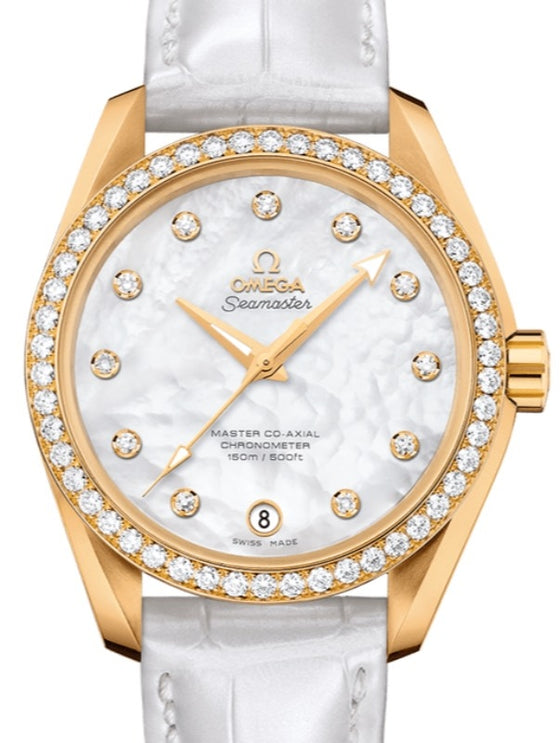 Omega Seamaster Aqua Terra 150M Master Co-Axial Chronometer Ladies 38.5mm Yellow Gold Diamond Bezel White Mother of Pearl Dial Diamond Set Index Alligator Leather Strap 231.58.39.21.55.002 - BRAND NEW